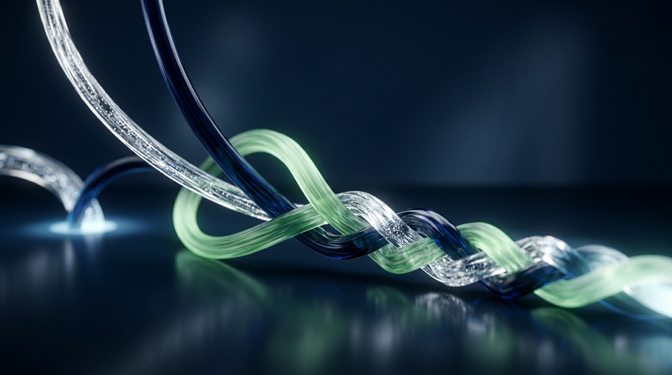 Three glass strands, clear, navy, and green, braiding together into one strong rope.