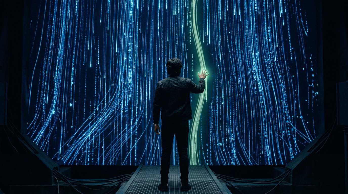 A person reaching toward one highlighted stream in a wall of flowing data light.