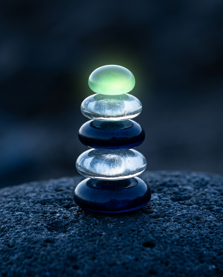 Navy and glass stones stacked in a balanced tower, the top stone glowing green