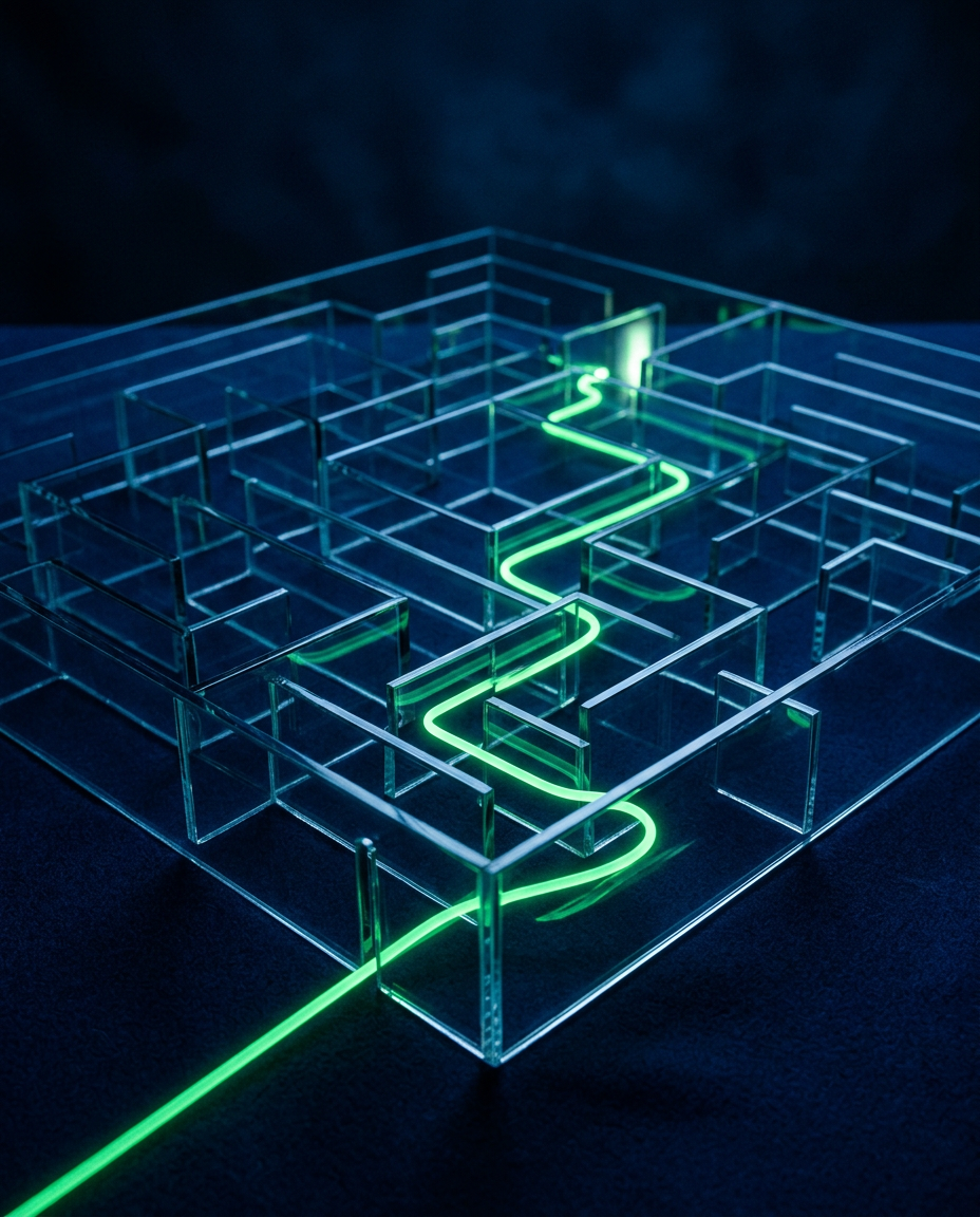 A glass maze with one clear path through it lit by a line of green light