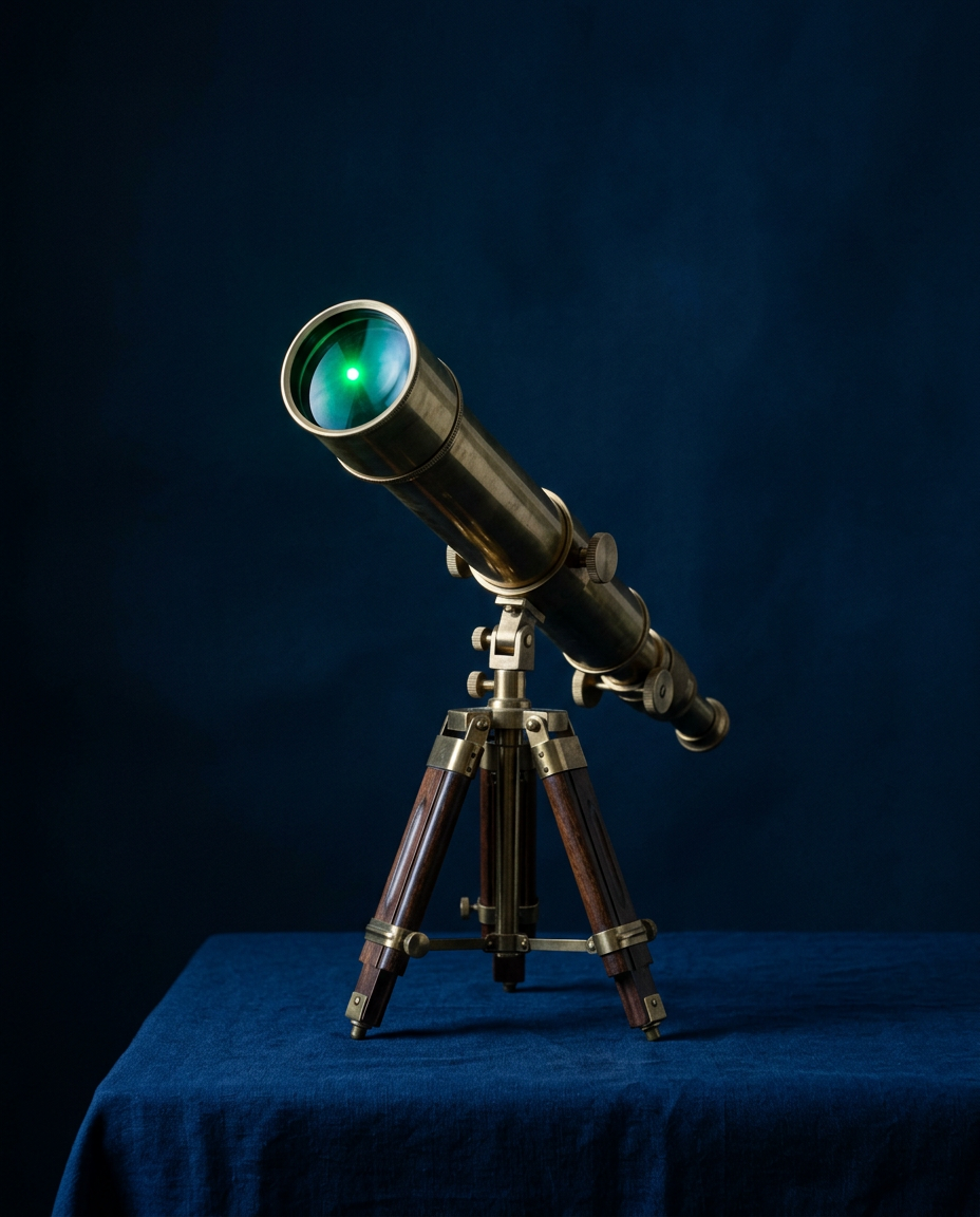 A brass and glass telescope pointed upward, its lens catching a point of green light