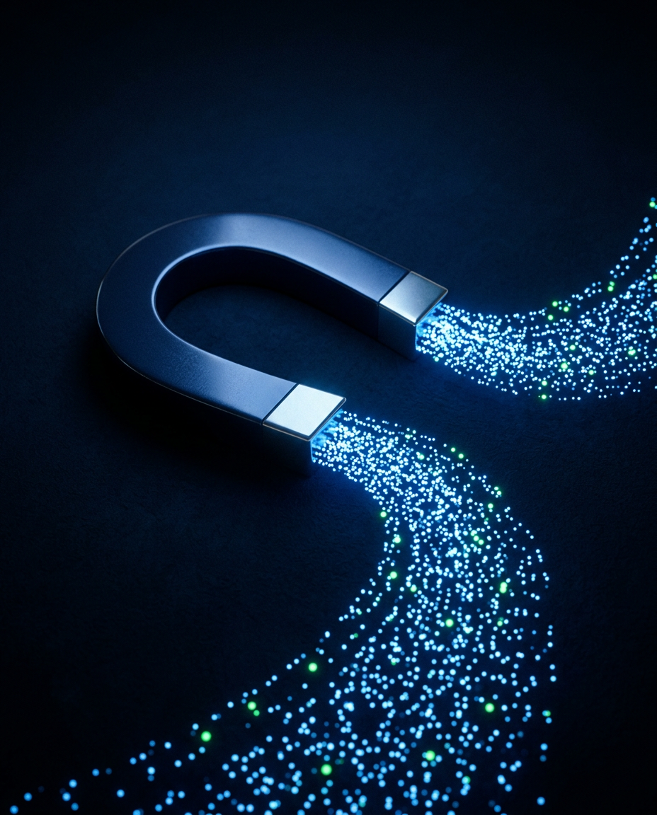 A navy magnet drawing a stream of glowing blue and green particles toward it