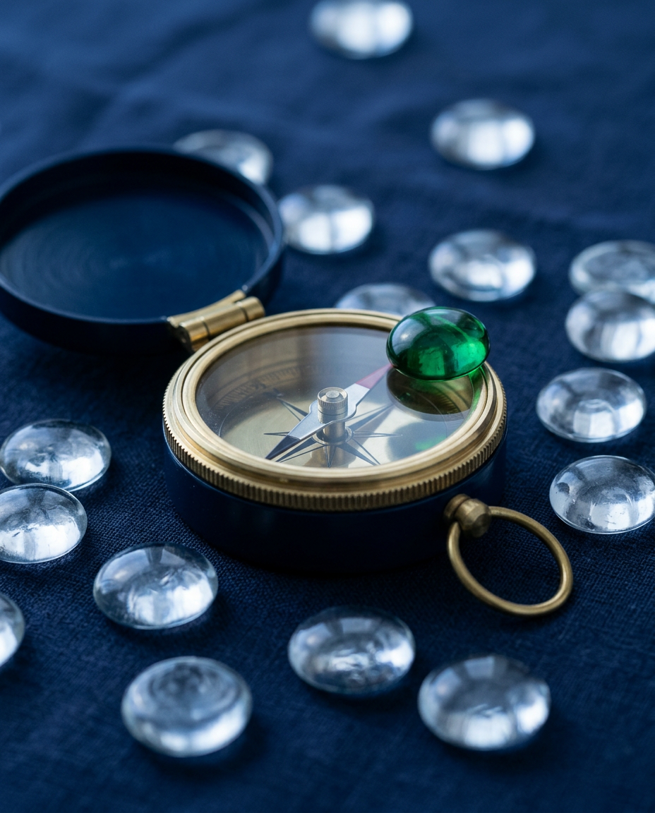 A brass compass among clear glass stones, with one green glass stone resting on its face