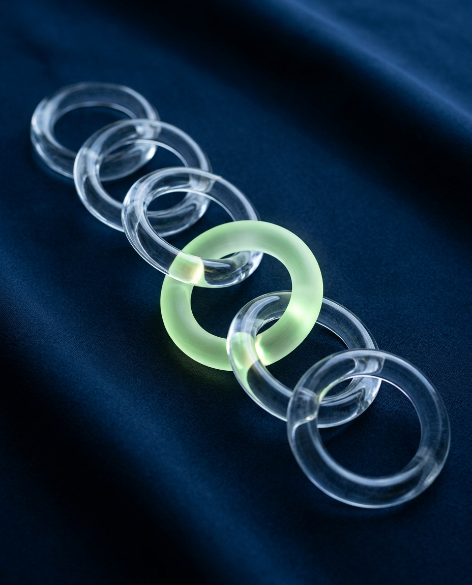 Interlocking clear glass rings forming a chain, one link glowing green