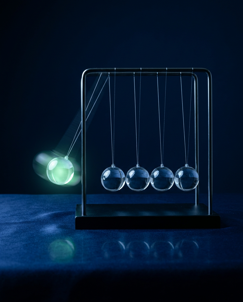 A glass Newton’s cradle with the first sphere glowing green as it sets the others in motion