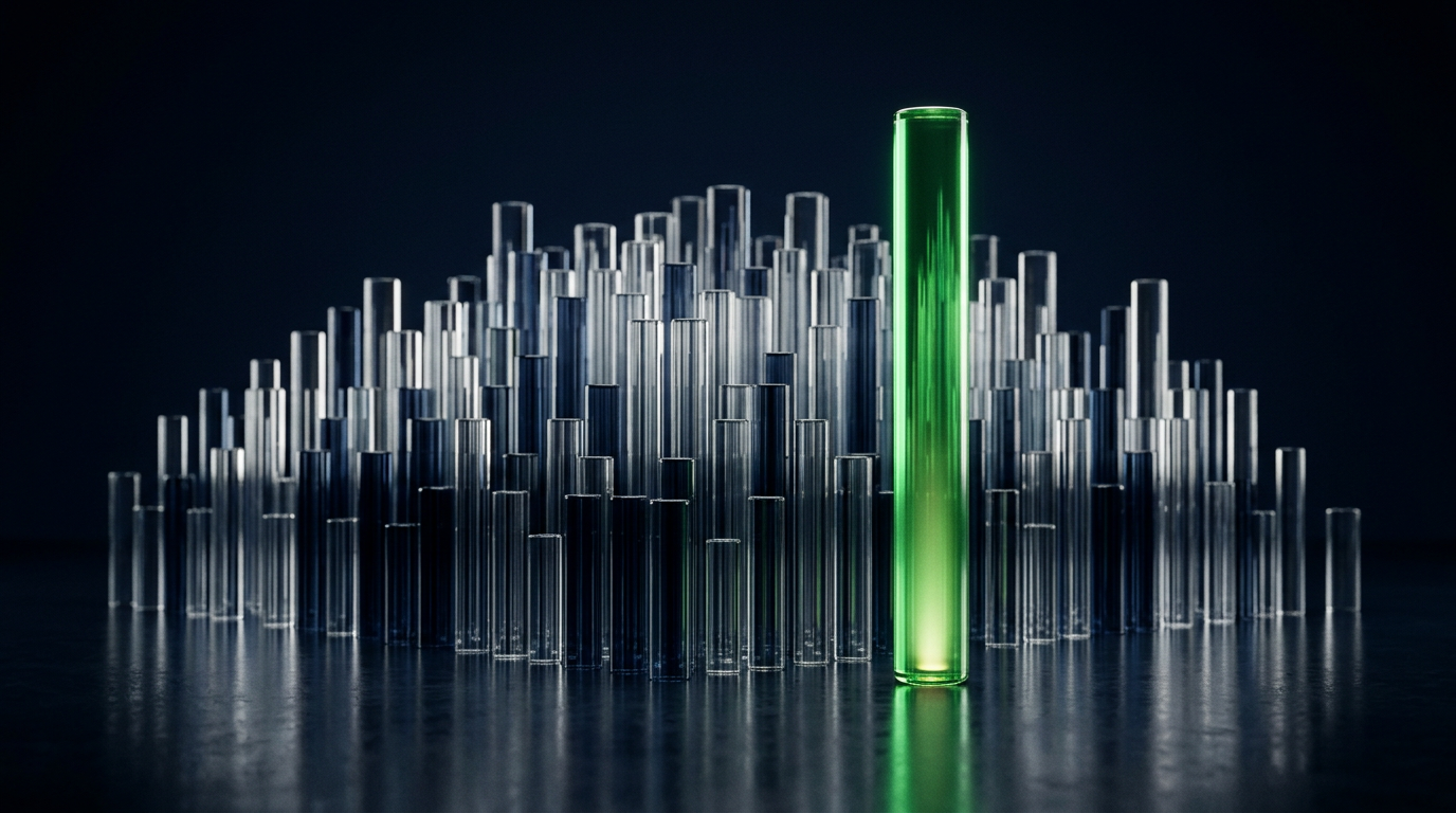 A single glowing green glass column standing tall, backed by a dense formation of clear and navy glass columns