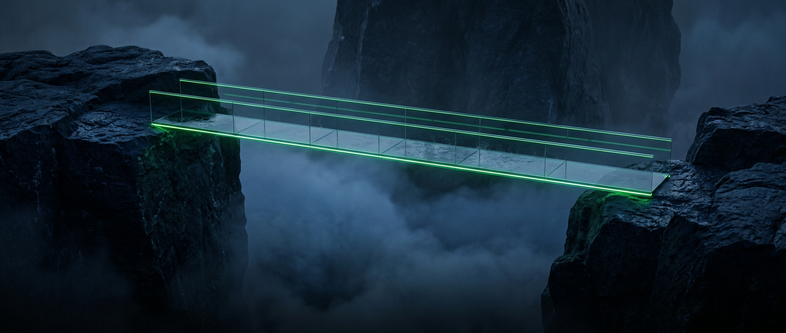 A slender glass bridge lit with a thin green line, spanning the gap between two navy stone blocks