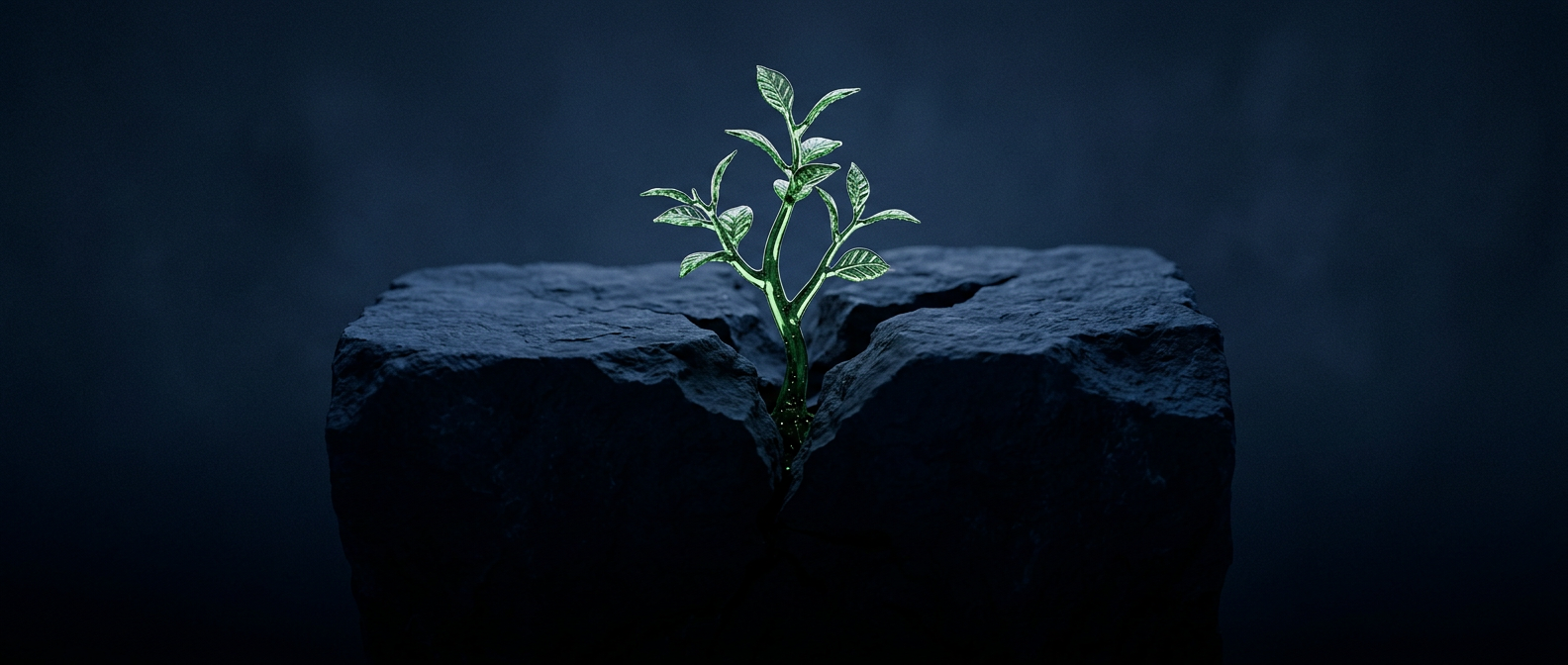 A green glass sapling growing from a crack in a navy stone block
