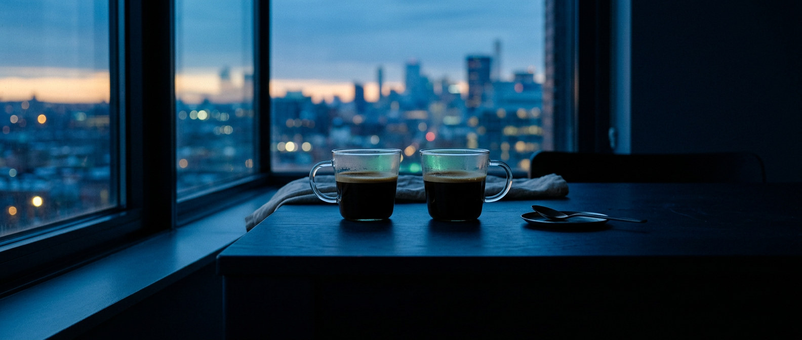 Two glass coffee cups facing each other on a navy table beside a window at dawn