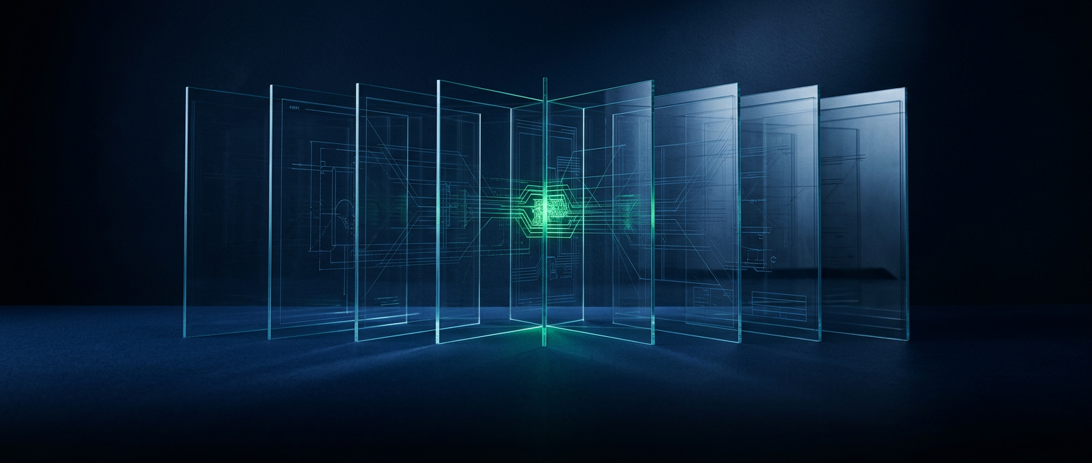 Transparent glass layers in a row, aligning at one glowing green point
