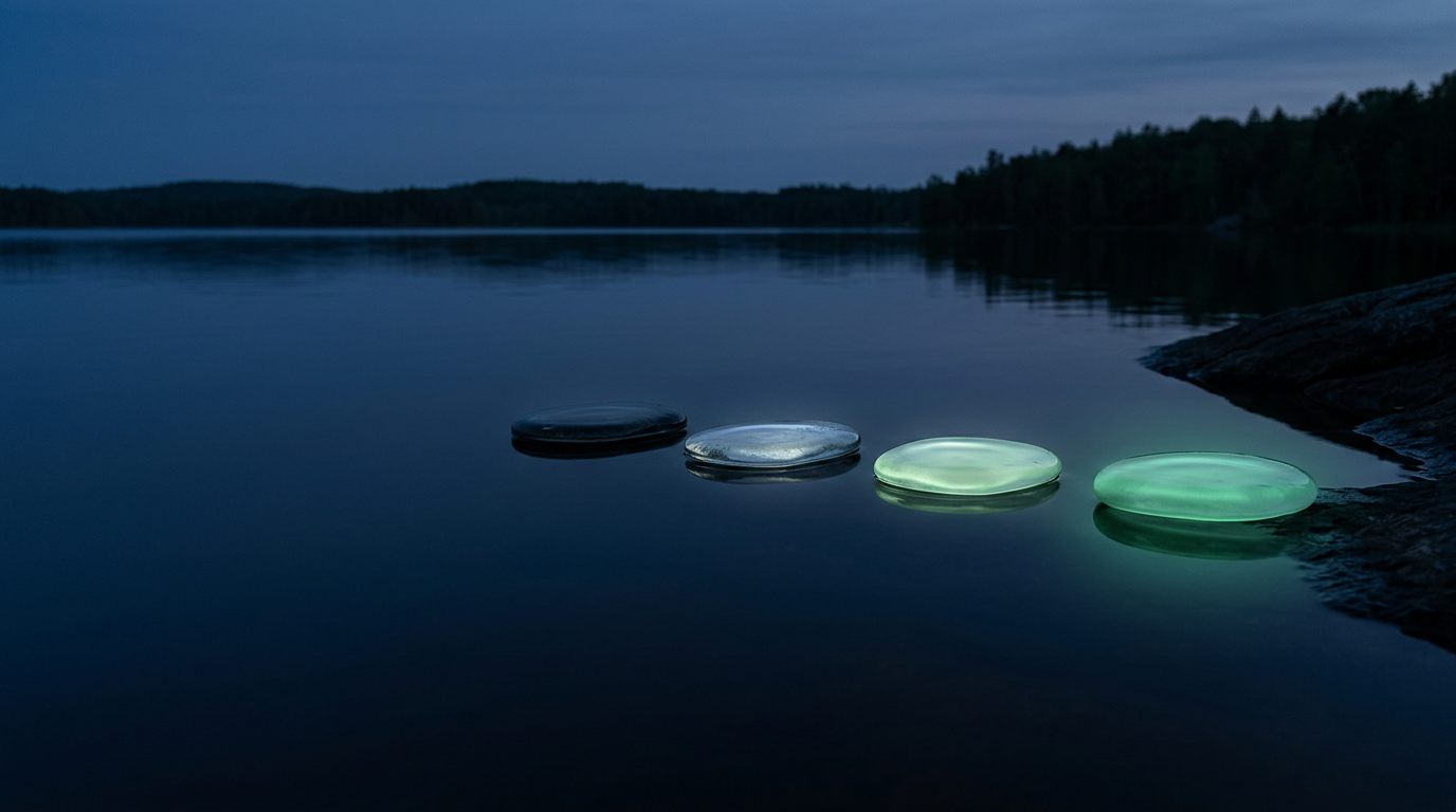 Glass stepping stones crossing still water at dusk, the last one glowing green