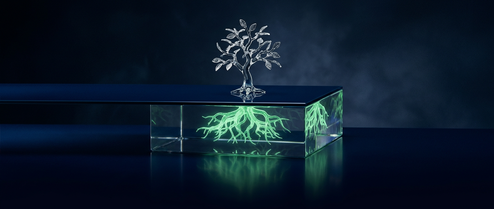 A glass tree sculpture with its roots visible and glowing green inside a glass block