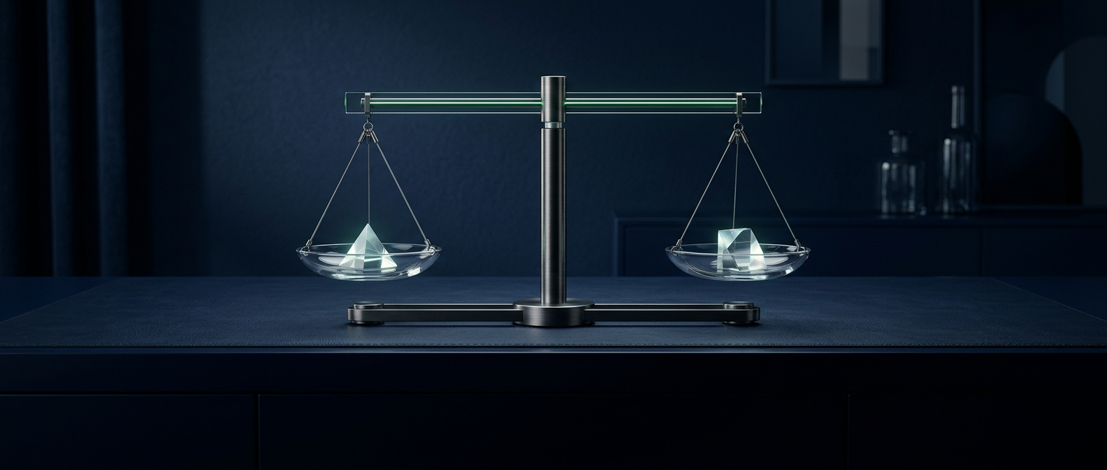 A glass and brushed-metal balance scale resting perfectly level on a navy desk