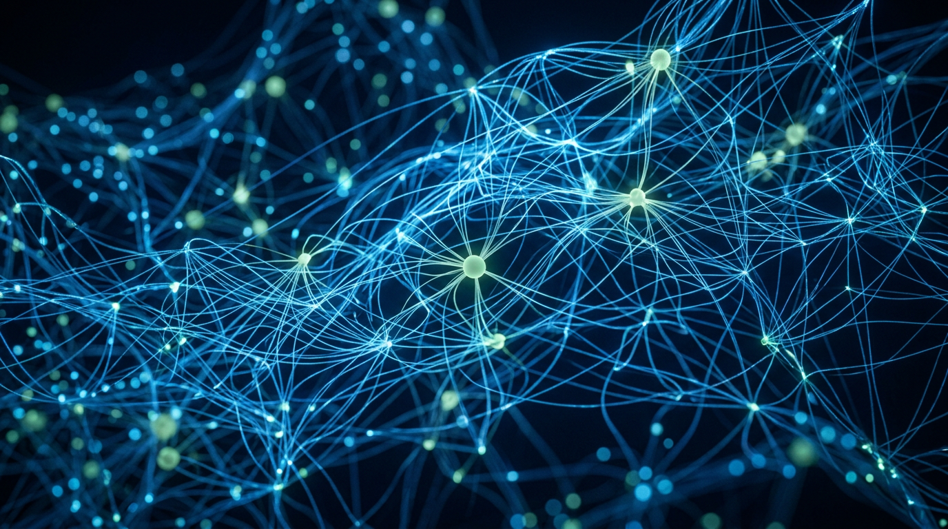 A glowing web of blue and green light filaments resembling a neural network.