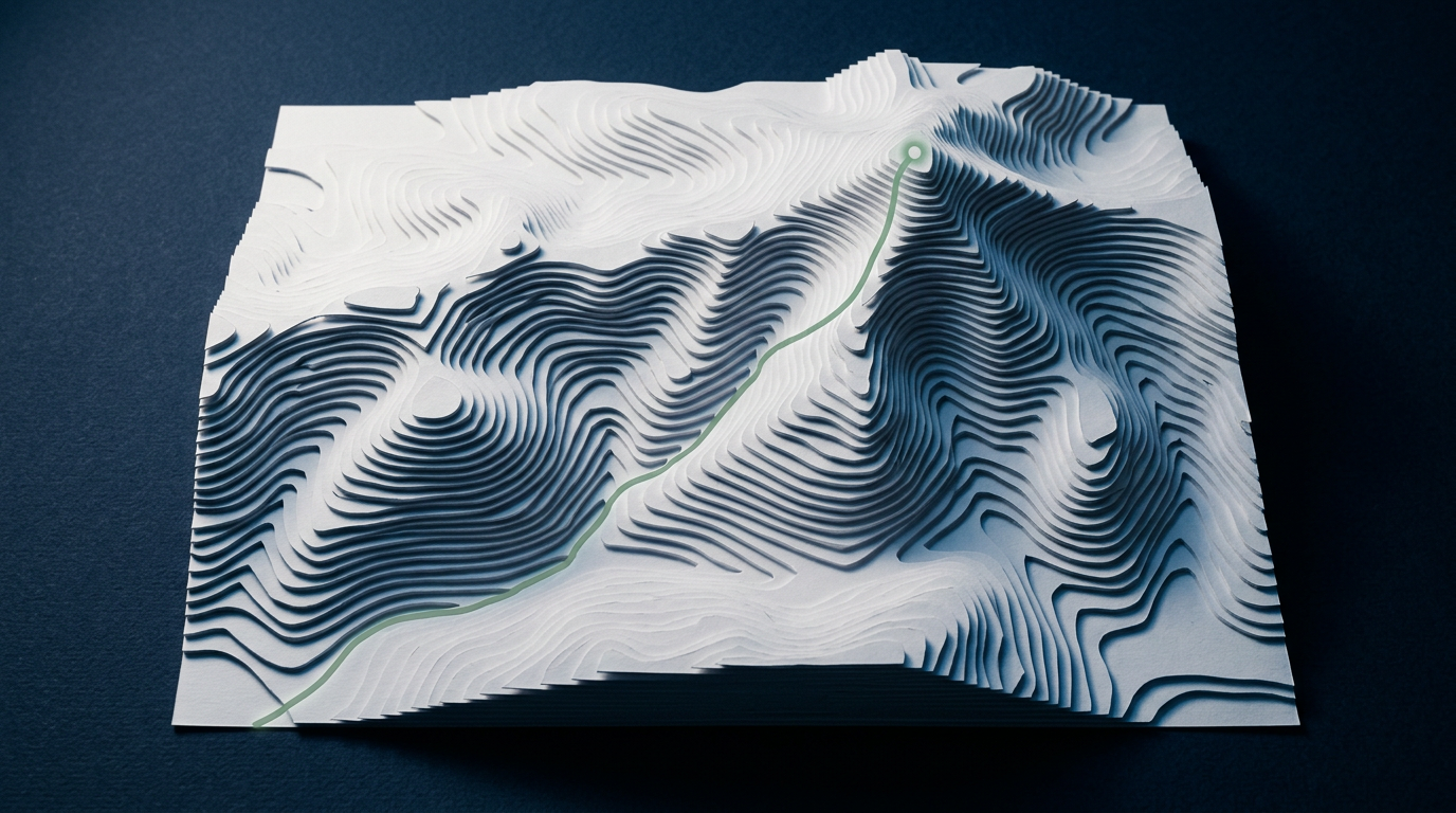 A paper topographic model with a single green line tracing a clear route to the summit.