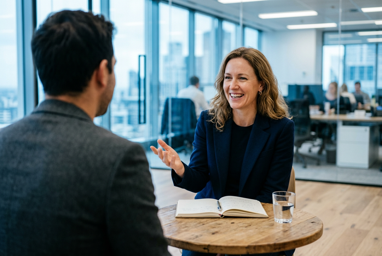 A smiling executive in a navy blazer talking with a colleague at a small table.